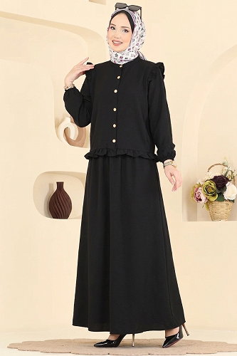 moda selvim Fırfırlı Detaylı Dokuma Takım 113NZRK1200 Siyah - Thumbnail