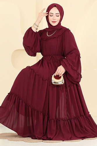 moda selvim Fırfırlı Şifon Katlı Abiye 2479ANT466 Bordo - Thumbnail