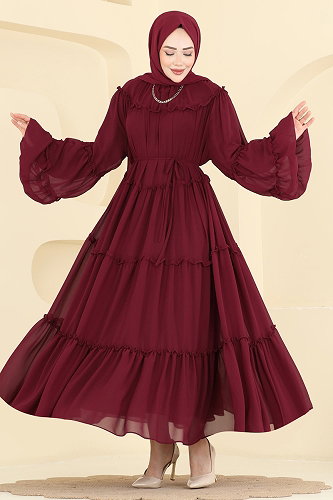 moda selvim Fırfırlı Şifon Katlı Abiye 2479ANT466 Bordo - Thumbnail