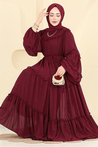 moda selvim Fırfırlı Şifon Katlı Abiye 2479ANT466 Bordo - Thumbnail