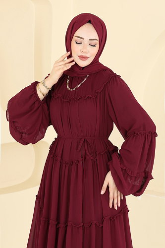 moda selvim Fırfırlı Şifon Katlı Abiye 2479ANT466 Bordo - Thumbnail