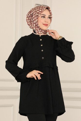 moda selvim Fırfırlı Tesettür Takım 9093AYD574 Siyah - Thumbnail