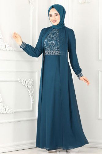 moda selvim Firuze Şifon Abiye 52864ALM181 Petrol - Thumbnail