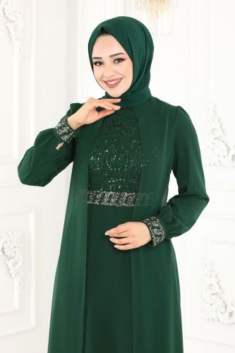moda selvim Firuze Şifon Abiye 52864ALM181 Zümrüt - Thumbnail