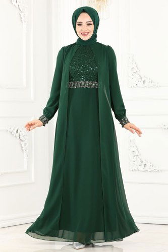 moda selvim Firuze Şifon Abiye 52864ALM181 Zümrüt - Thumbnail