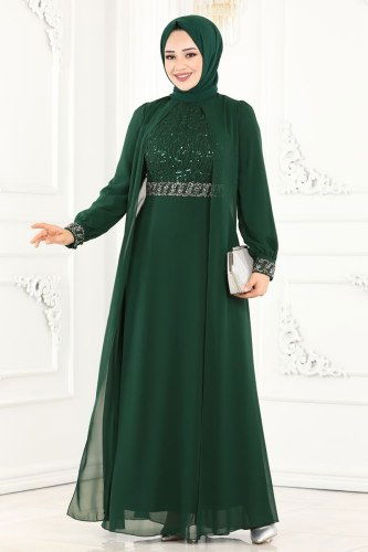 moda selvim Firuze Şifon Abiye 52864ALM181 Zümrüt - Thumbnail