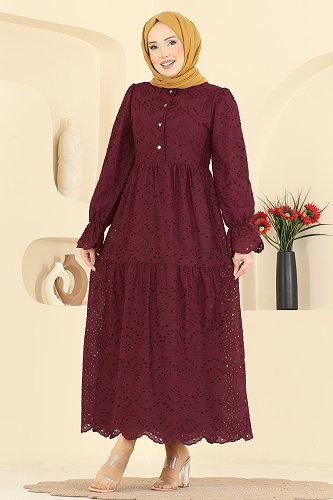 moda selvim Fisto Detaylı Katlı Elbise 4469BRZ597 Bordo - Thumbnail