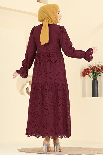 moda selvim Fisto Detaylı Katlı Elbise 4469BRZ597 Bordo - Thumbnail