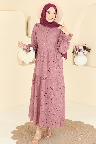 moda selvim Fisto Detaylı Katlı Elbise 4469BRZ597 Gül Kurusu - Thumbnail