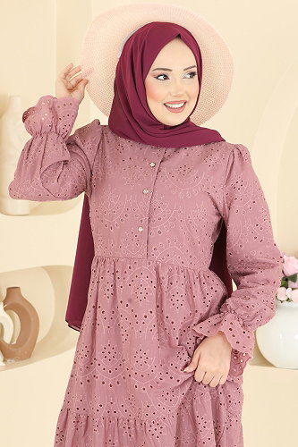 moda selvim Fisto Detaylı Katlı Elbise 4469BRZ597 Gül Kurusu - Thumbnail