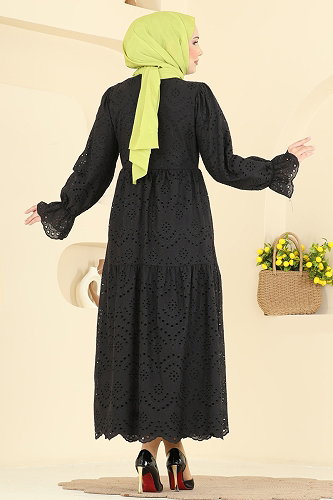 moda selvim Fisto Detaylı Katlı Elbise 4469BRZ597 Siyah - Thumbnail