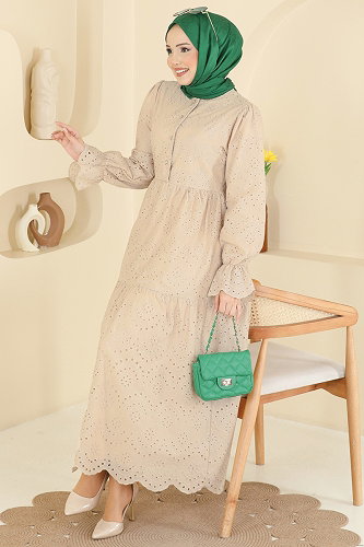 moda selvim Fisto Detaylı Katlı Elbise 4469BRZ597 Taş - Thumbnail
