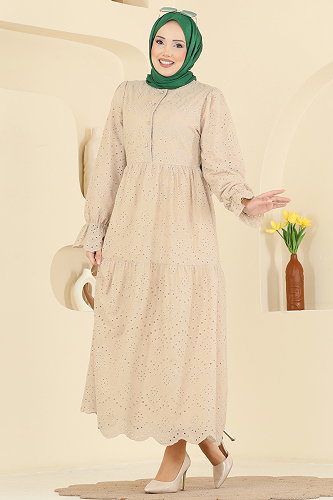 moda selvim Fisto Detaylı Katlı Elbise 4469BRZ597 Taş - Thumbnail