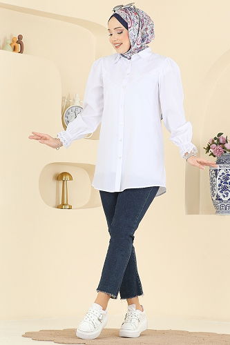 moda selvim Fisto Detaylı Poplin Gömlek 341ASN888 Ekru - Thumbnail