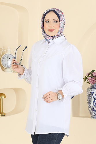 moda selvim Fisto Detaylı Poplin Gömlek 341ASN888 Ekru - Thumbnail