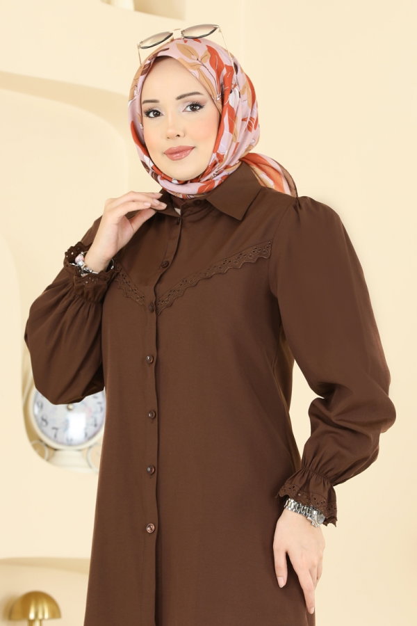 Modaselvim Bluz ve Gömlek Fisto Detaylı Poplin Gömlek 341ASN888 Kahve
