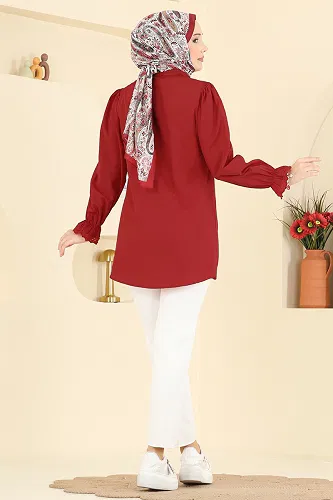 moda selvim Fisto Detaylı Poplin Gömlek 341ASN888 Koyu Kırmızı - Thumbnail