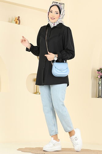 moda selvim Fisto Detaylı Poplin Gömlek 341ASN888 Siyah - Thumbnail