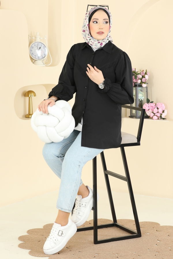 Modaselvim Bluz ve Gömlek Fisto Detaylı Poplin Gömlek 341ASN888 Siyah