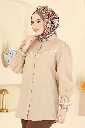 moda selvim Fisto Detaylı Poplin Gömlek 341ASN888 Vizyon - Thumbnail