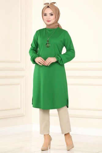 moda selvim Fitilli Kolyeli Tesettür Tunik 1016PM271 Benetton Yeşili - Thumbnail