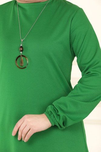 moda selvim Fitilli Kolyeli Tesettür Tunik 1016PM271 Benetton Yeşili - Thumbnail
