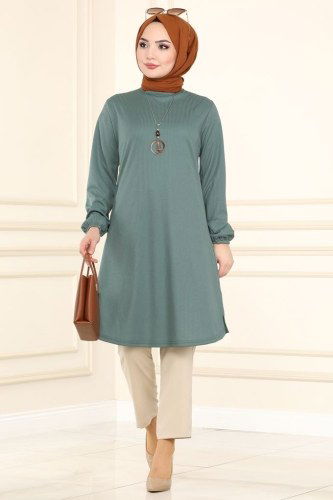 moda selvim Fitilli Kolyeli Tesettür Tunik 1016PM271 Mint - Thumbnail