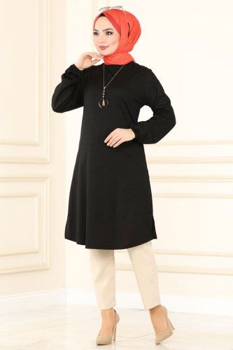 moda selvim Fitilli Kolyeli Tesettür Tunik 1016PM271 Siyah - Thumbnail