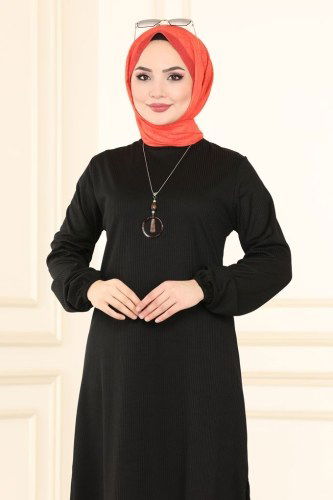 moda selvim Fitilli Kolyeli Tesettür Tunik 1016PM271 Siyah - Thumbnail