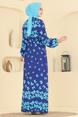 moda selvim Fiyonk Detaylı Viskon Elbise 146NZRK1200 Saks - Thumbnail