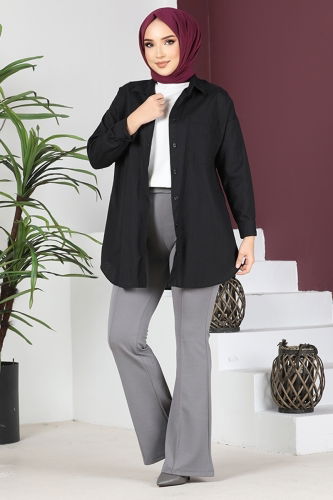 moda selvim Flared Elasticated Trousers MSL5730 Gray - Thumbnail