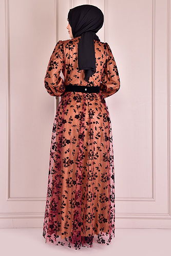 moda selvim Flock Printed Dress ASM2486-M Skin - Thumbnail