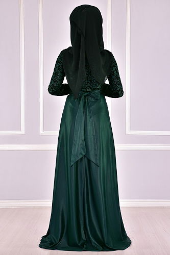 moda selvim Flock Printed Evening Dress ASM11042-M Emerald - Thumbnail