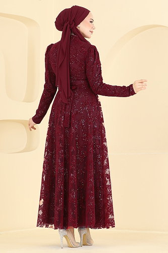 moda selvim Flok Baskı Şık Abiye 5855EDFK1198 Bordo - Thumbnail