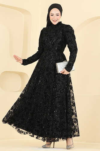 moda selvim Flok Baskı Şık Abiye 5855EDFK1198 Siyah - Thumbnail