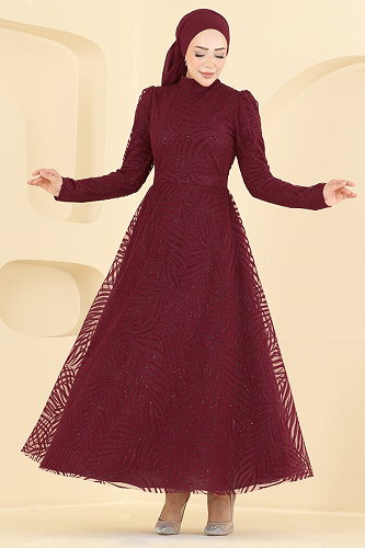 moda selvim Flok Baskı Simli Abiye 5776EDF311 Bordo - Thumbnail