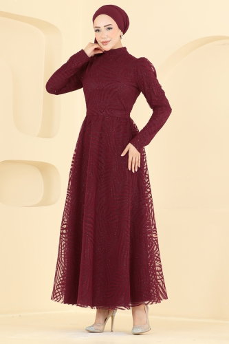 E.D.F. - Flok Baskı Simli Abiye 5776EDF311 Bordo