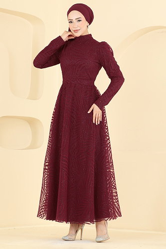 moda selvim Flok Baskı Simli Abiye 5776EDF311 Bordo - Thumbnail