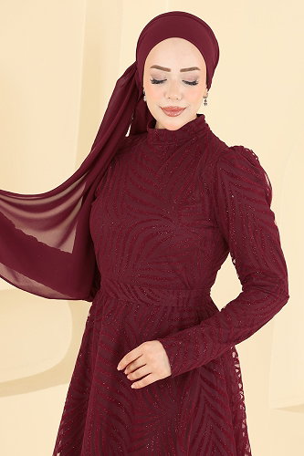 moda selvim Flok Baskı Simli Abiye 5776EDF311 Bordo - Thumbnail