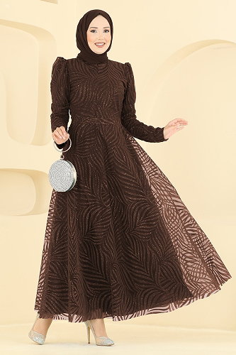 moda selvim Flok Baskı Simli Abiye 5776EDF311 Kahve - Thumbnail