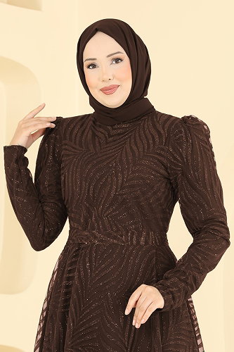 moda selvim Flok Baskı Simli Abiye 5776EDF311 Kahve - Thumbnail