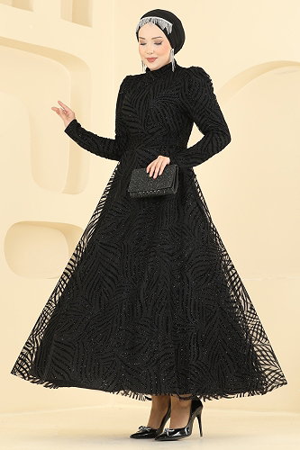 moda selvim Flok Baskı Simli Abiye 5776EDF311 Siyah - Thumbnail
