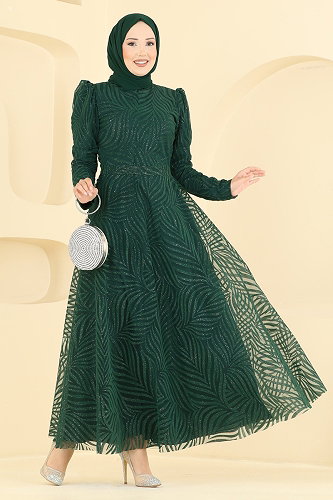 moda selvim Flok Baskı Simli Abiye 5776EDF311 Zümrüt - Thumbnail