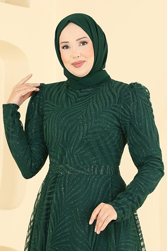 moda selvim Flok Baskı Simli Abiye 5776EDF311 Zümrüt - Thumbnail