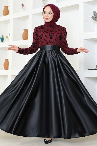 moda selvim Flok Baskılı Tesettür Abiye ASM2709 Bordo&Siyah - Thumbnail