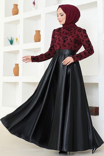 moda selvim Flok Baskılı Tesettür Abiye ASM2709 Bordo&Siyah - Thumbnail