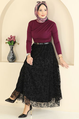 moda selvim Flok Baskılı Tül Etek 756OZN1046 Siyah - Thumbnail