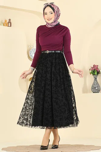 moda selvim Flok Baskılı Tül Etek 756OZN1046 Siyah - Thumbnail