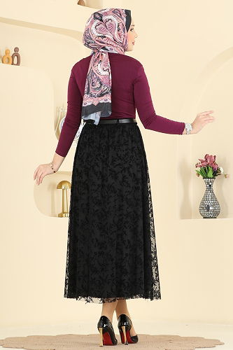 moda selvim Flok Baskılı Tül Etek 756OZN1046 Siyah - Thumbnail