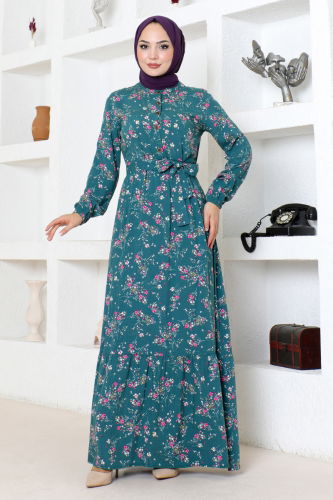 MRV Z.N.N. - Floral Patterned Hijab Dress ZNN4069-M Green
